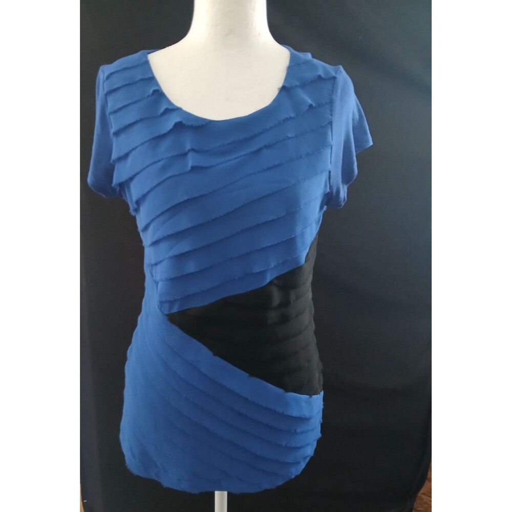 Black Saks Fifth Ave Blue/Black Short Sleeve Blouse Small - Picture 1 of 8